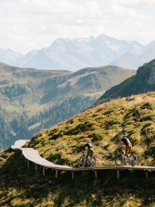 3 Mountainbiker fahren einen Trail entlang 