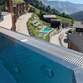 An infinity pool with a view of Bachgut and the natural swimming pond.