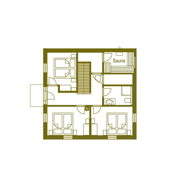 Grundriss des Obergeschosses mit drei Schlafzimmern, einem Bad und einer Sauna