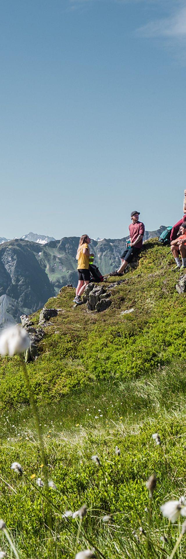 Wanderergruppe ruht sich auf einer Bergwiese mit Panoramablick auf die Alpen aus