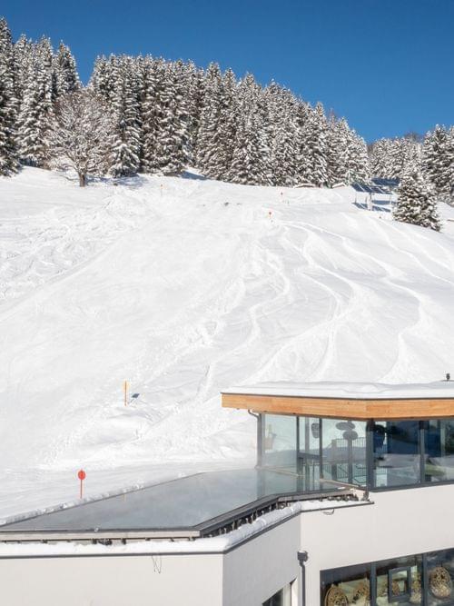 Vogelperspektive vom Bachgut mit dem Badehaus und Invinity Pool, Winterlich verschneit und Sonnenschein 