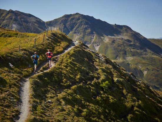 Trailrunner auf schmalem Bergpfad in alpiner Landschaft mit klarem blauen Himmel