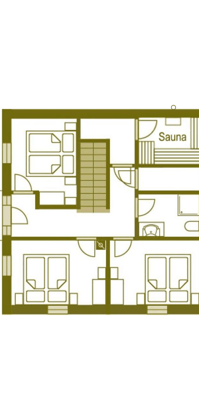 Second floor house plan layout with three bedrooms, a bathroom, and a sauna