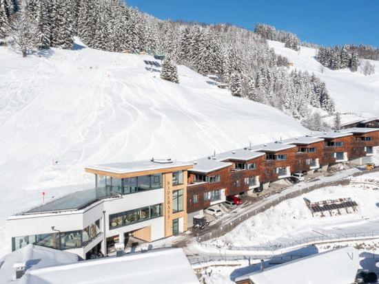 Das Bachgut aus der Vogelperspektive, Winterliche Berge und die Chalets mit dem Badehaus und Invinity-Pool