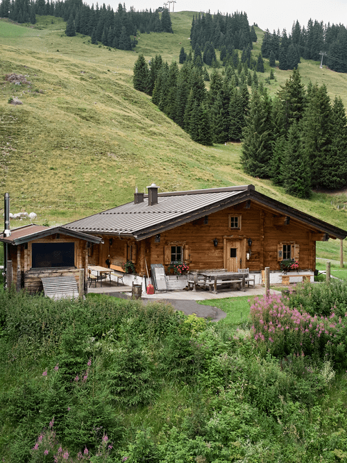 Bachalm im Sommer aus der Vogelperspektive, umgeben von Grünen Almwiesen