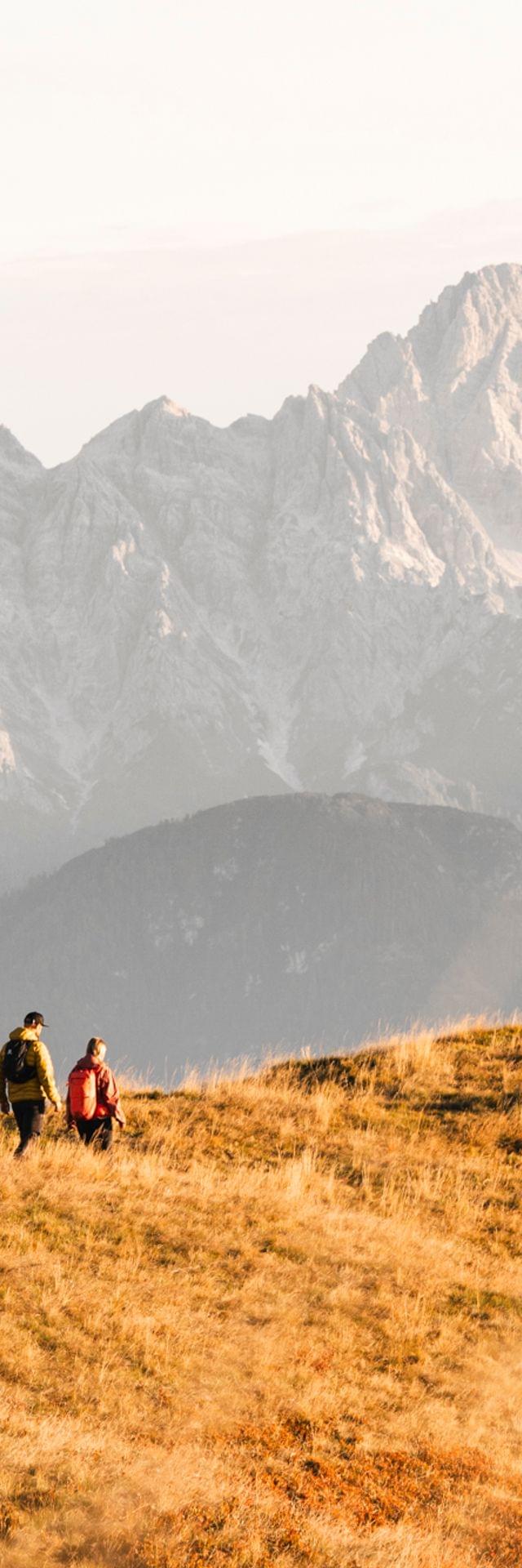 Four hikers walking along a mountain ridge, with an autumnal atmosphere.