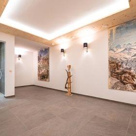 Moderner Wellnessbereich mit offener Dusche, Bergbildern und Holzdeckenpaneelen