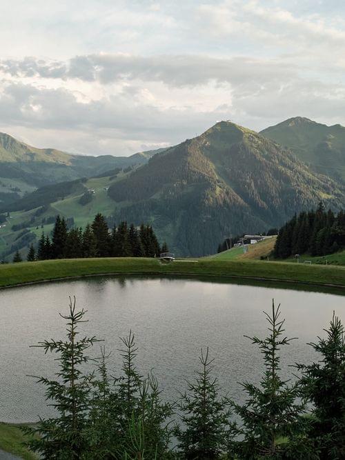 Bergsee umgeben von Wald und Almwiesen in den österreichischen Alpen