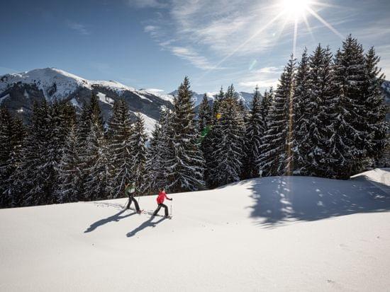 2 Personen beim Winterwandern durch die Verschneite Bergwelt 