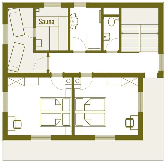 Grundriss mit zwei Schlafzimmern, Gemeinschaftsbad, Sauna und Ruheraum