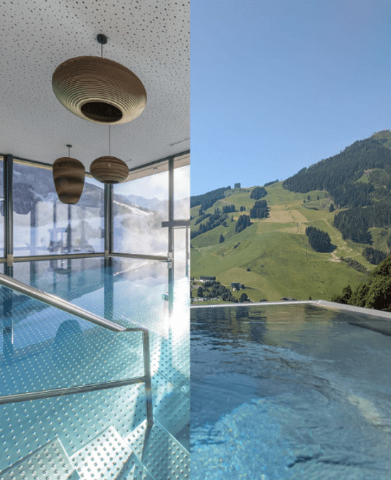 A view from the bathhouse in both summer and winter.