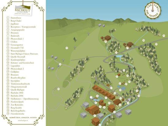 Illustrierte Resortkarte von Bachgut in den Alpen mit Chalets, Einrichtungen, Wegen und Naturbereichen