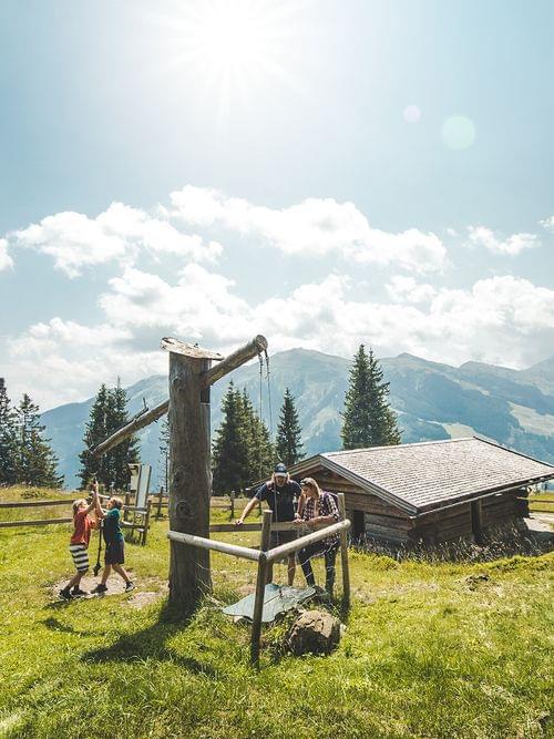 Family playing near a wooden hut in the Austrian Alps on a sunny summer day