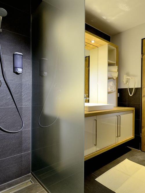 Modern bathroom with walk-in shower and wooden sauna cabin