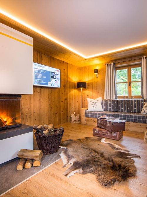 Cozy alpine-style living room with fireplace, wood paneling and rustic decor