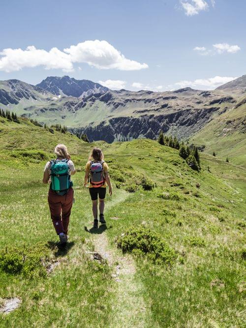 Two hikers with backpacks walking along a mountain trail in a green alpine landscape