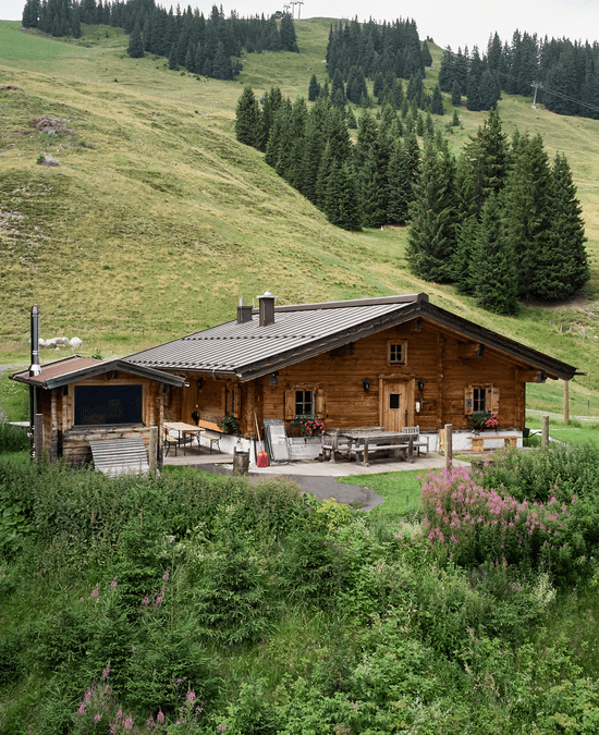 Bachalm im Sommer aus der Vogelperspektive, umgeben von Grünen Almwiesen