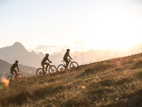 Three mountain bikers riding uphill on a grassy trail at sunset in alpine scenery