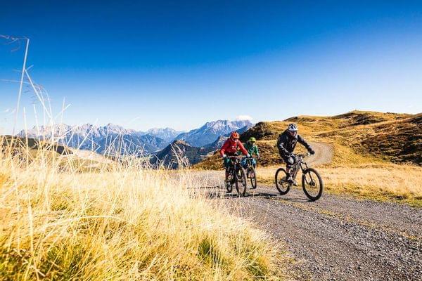 Gruppe von Mountainbikern auf einem Alpinen Trail mit Panoramablick auf die Berge