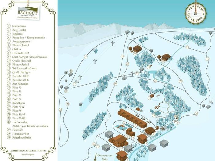 Winterresort-Karte von Bachgut mit Chalets, Skipisten, Liften und Wanderwegen