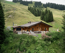 A bird’s-eye view of the Bachalm in summer, surrounded by green alpine meadows.