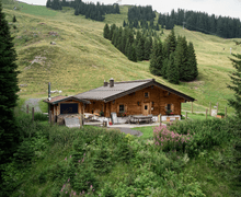 A bird’s-eye view of the Bachalm in summer, surrounded by green alpine meadows.