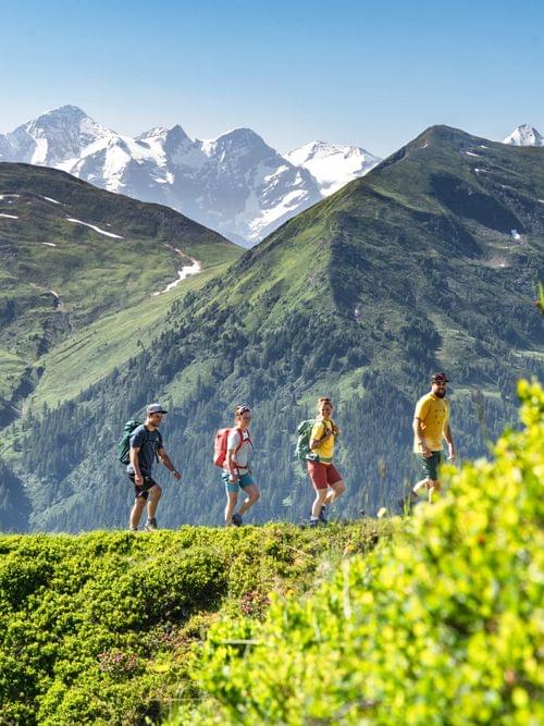 Gruppe von Wanderern auf einem alpinen Pfad mit schneebedeckten Bergen im Hintergrund
