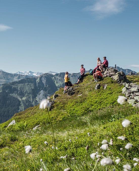 Wanderergruppe ruht sich auf einer Bergwiese mit Panoramablick auf die Alpen aus