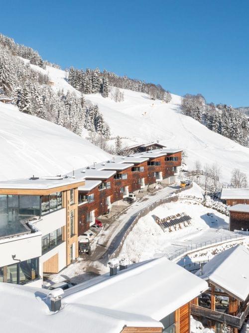 A bird’s-eye view of Bachgut with a stunning view over the winter landscape.