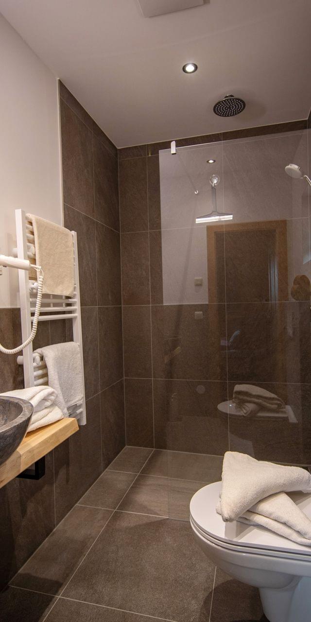 Modern bathroom with stone sink, wall-mounted mirror, walk-in shower, and towels on toilet