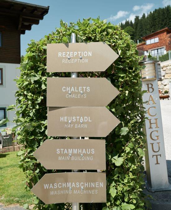 Schilder mit Richtungsangaben zu den jeweiligen Unterkünften 