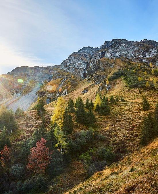 Autumn mountain landscape with sun rays over rocky peaks and colorful trees