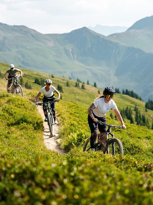 Group of mountain bikers riding a trail through alpine terrain on a sunny day