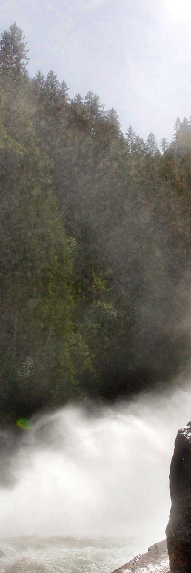 Person steht auf moosigen Felsen nahe kraftvollem Wasserfall im nebligen Bergwald