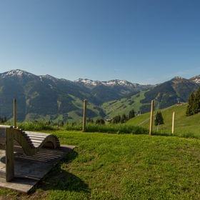 Holzbank mit Blick auf grünes Alptal und schneebedeckte Berge unter klarem blauen Himmel