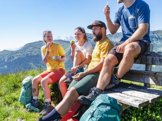 4 Personen auf einer Bank am Berg, Pause mit Jause und Strahlendem Sonnenschein 