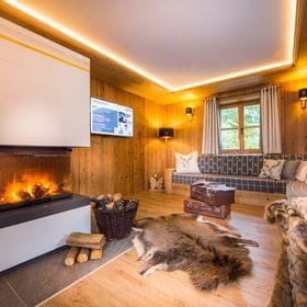 Cozy alpine-style living room with fireplace, wood paneling and rustic decor