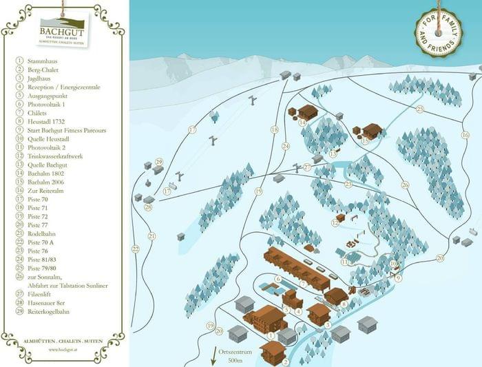 Winter resort map of Bachgut with chalet locations, ski slopes, lifts and walking trails