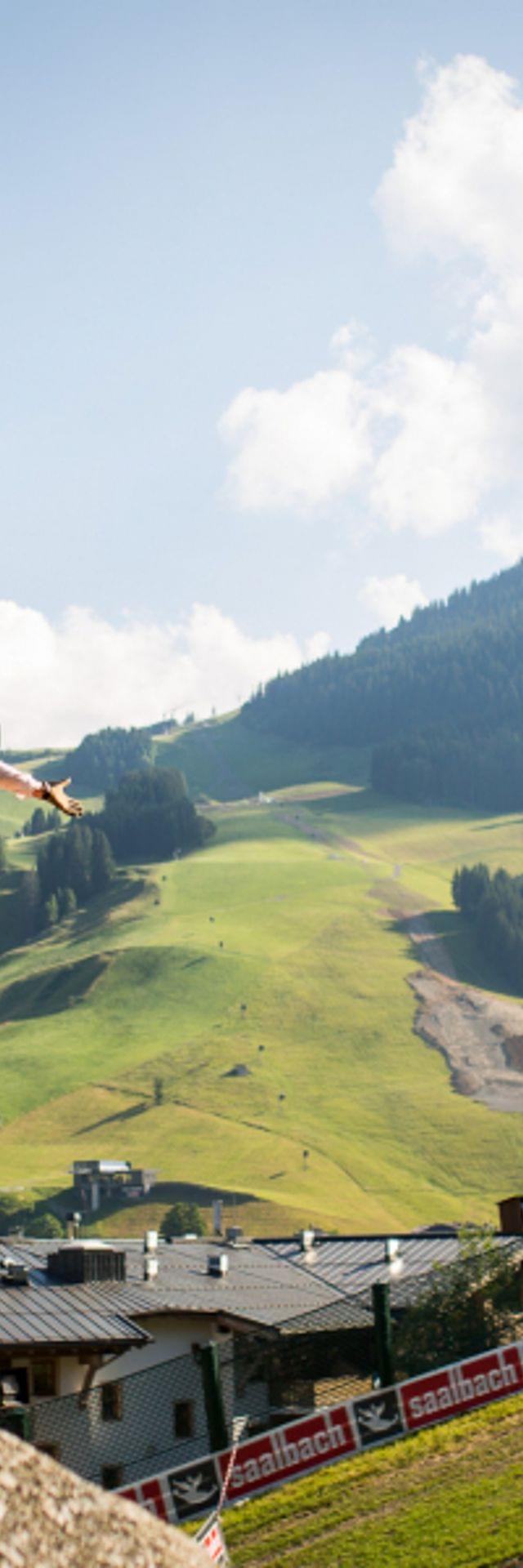 Freestyle-Mountainbiker beim Rückwärtssalto in der Luft vor Alpenlandschaft